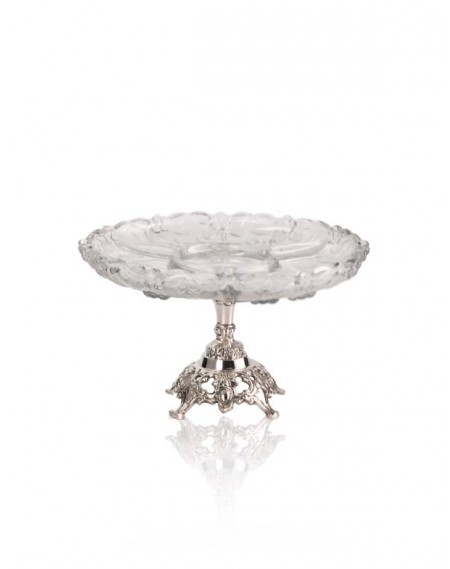 Petisqueira Cristal Redonda com Base Trabalhada Prata Apolo Ø31x18cm
